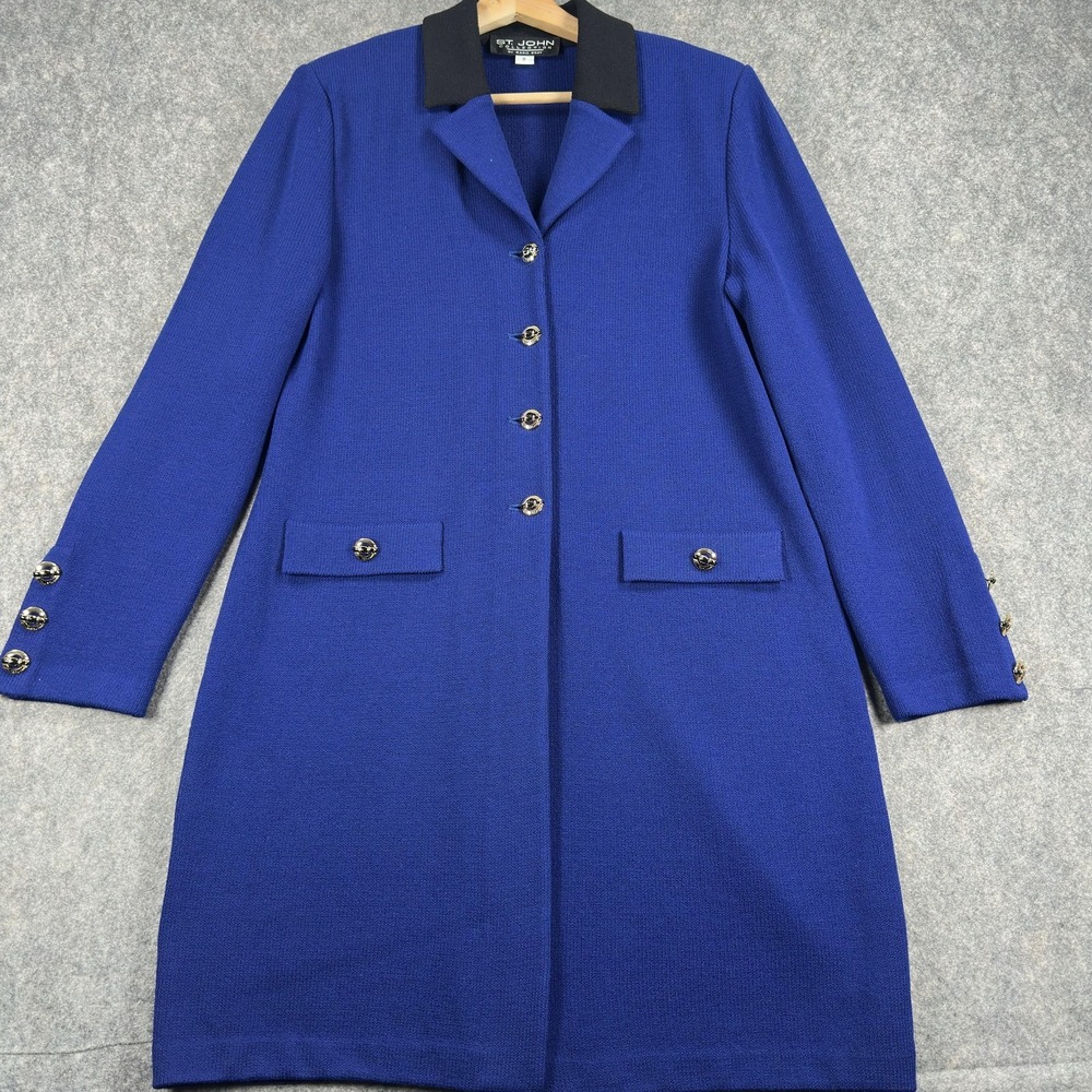 Vintage St. John Collection Coat‎ Womens 8 Blue Knit Long Overcoat Made USA